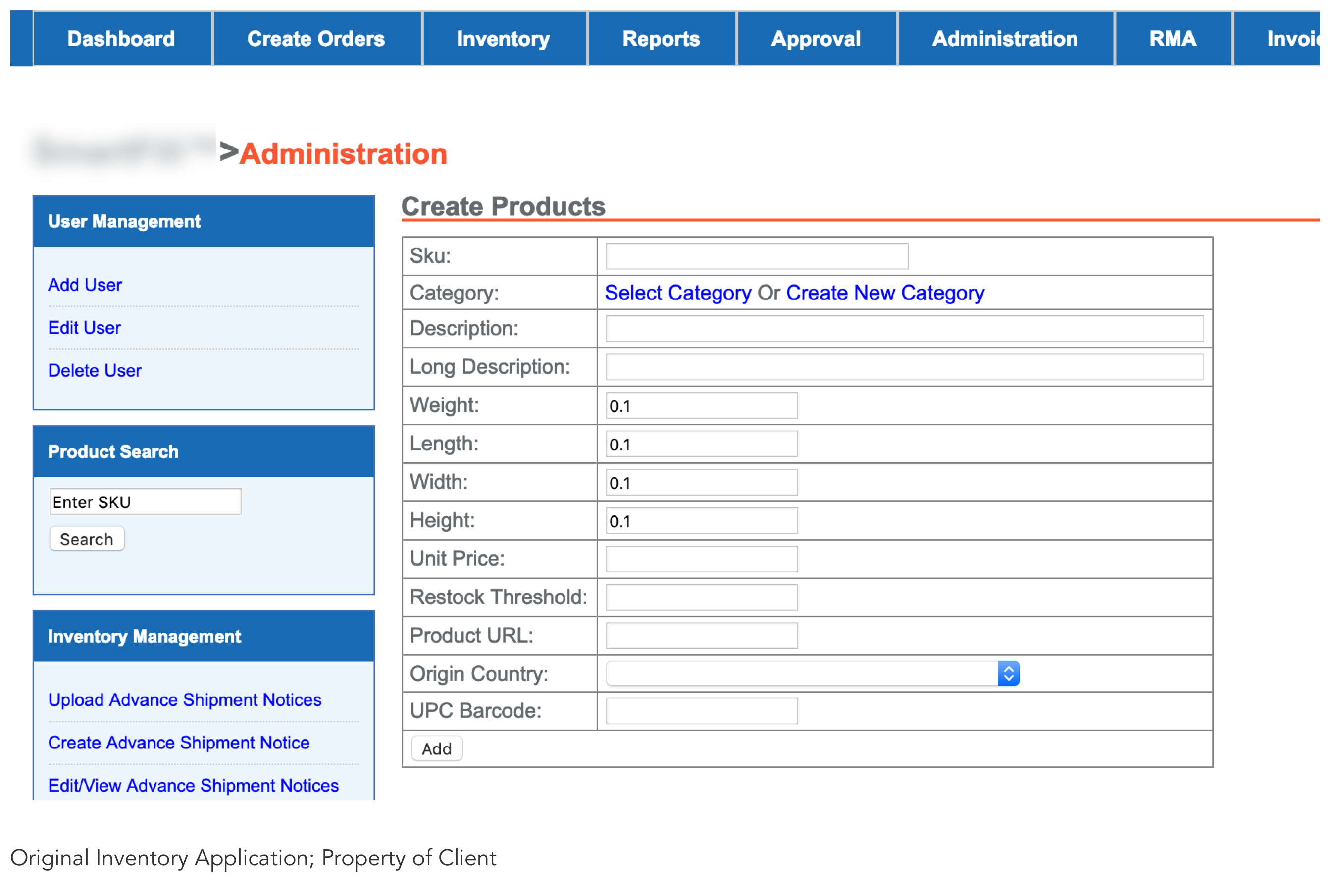Original Inventory Application; Property of Client